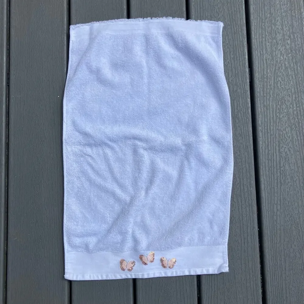 White hand towel with sequin butterflies, vintage 2000s Y2K fairycore boho chic